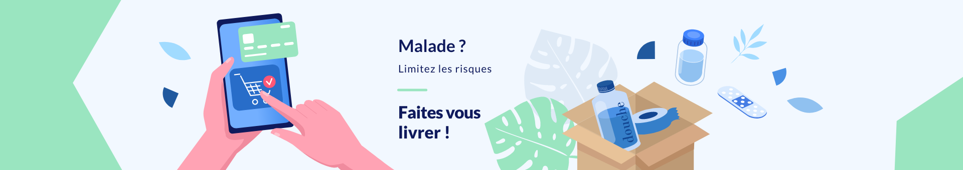 Mise au panier de produits sur smartphone et produits de la pharmacie prêt à la livraison